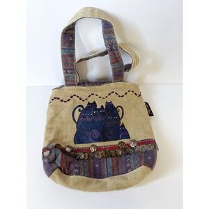 Laurel Burch Cats Travel Shoulder Tote Bag Beaded Embellished Zip Close Clean